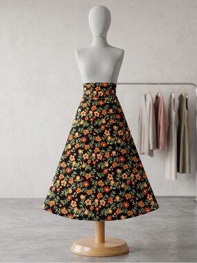 LuLaRoe Black A-Line Midi Skirt with Orange Floral & Green Leaves